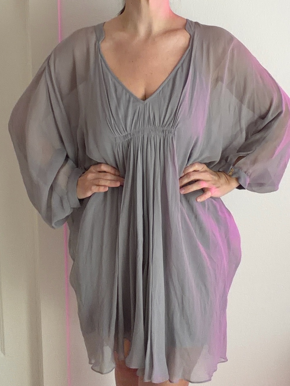 Diane Von Furstenberg Light Gray V-Neck Sheer Tunic